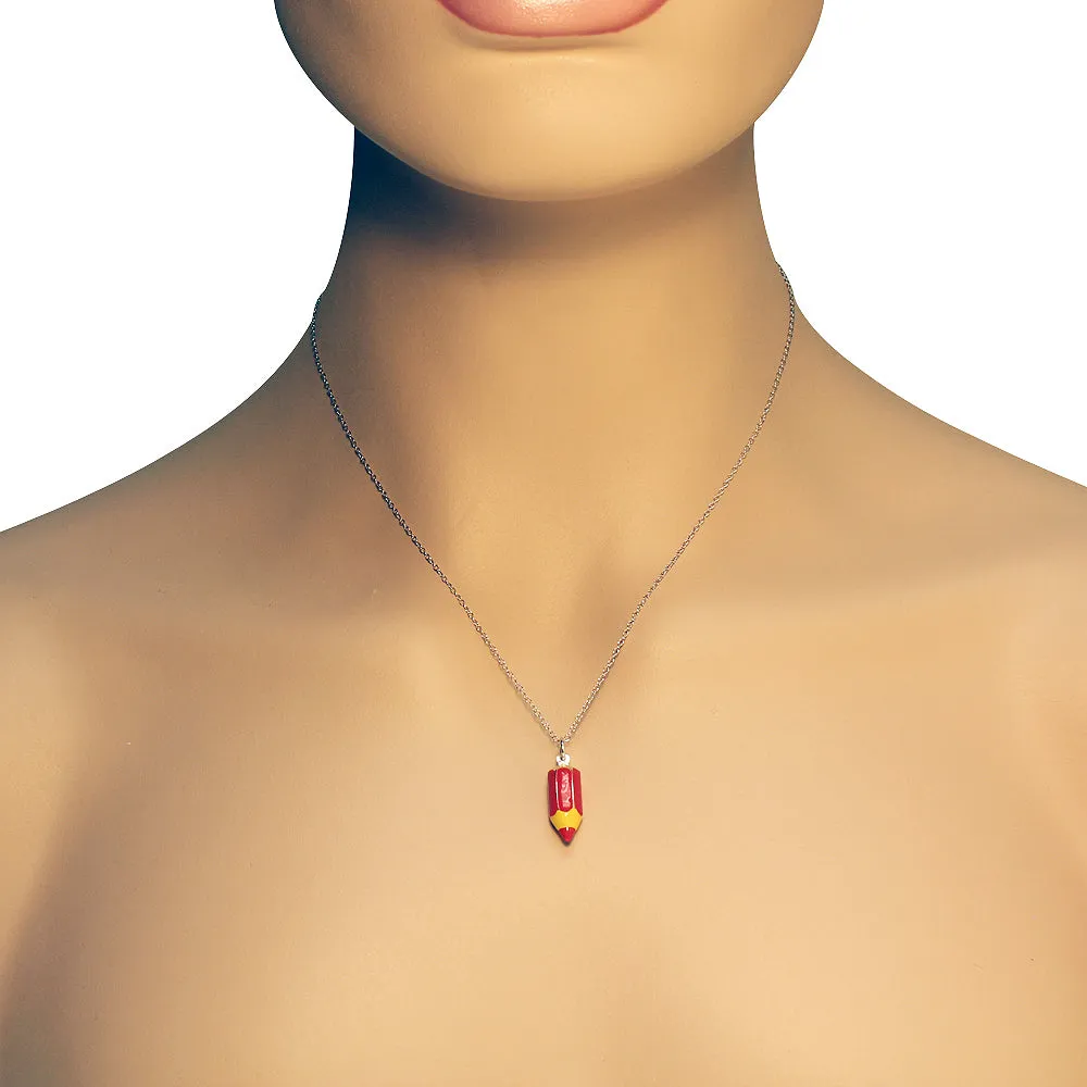 925 Sterling Silver 3D Red Enamel Pencil Crayon Charm Small Pendant Necklace