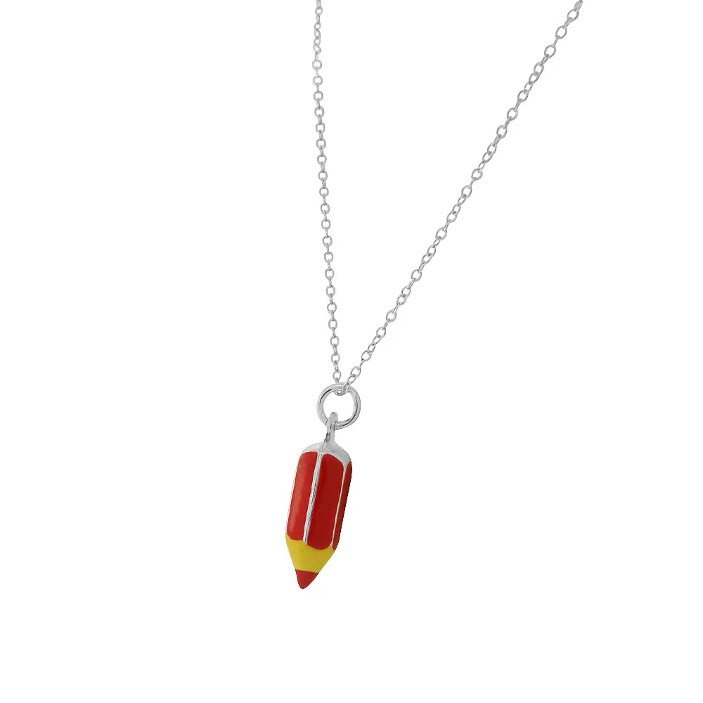 925 Sterling Silver 3D Red Enamel Pencil Crayon Charm Small Pendant Necklace