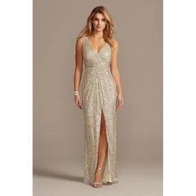Allover Sequin Pleated V Neck Gown Slit Straps Floor Length Sleeveless