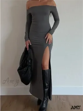 Amy Fashion - Women Off-Shoulder  Solid Color  Sleeve Side High Split Slim Fit Party Spring Fall Vestidos