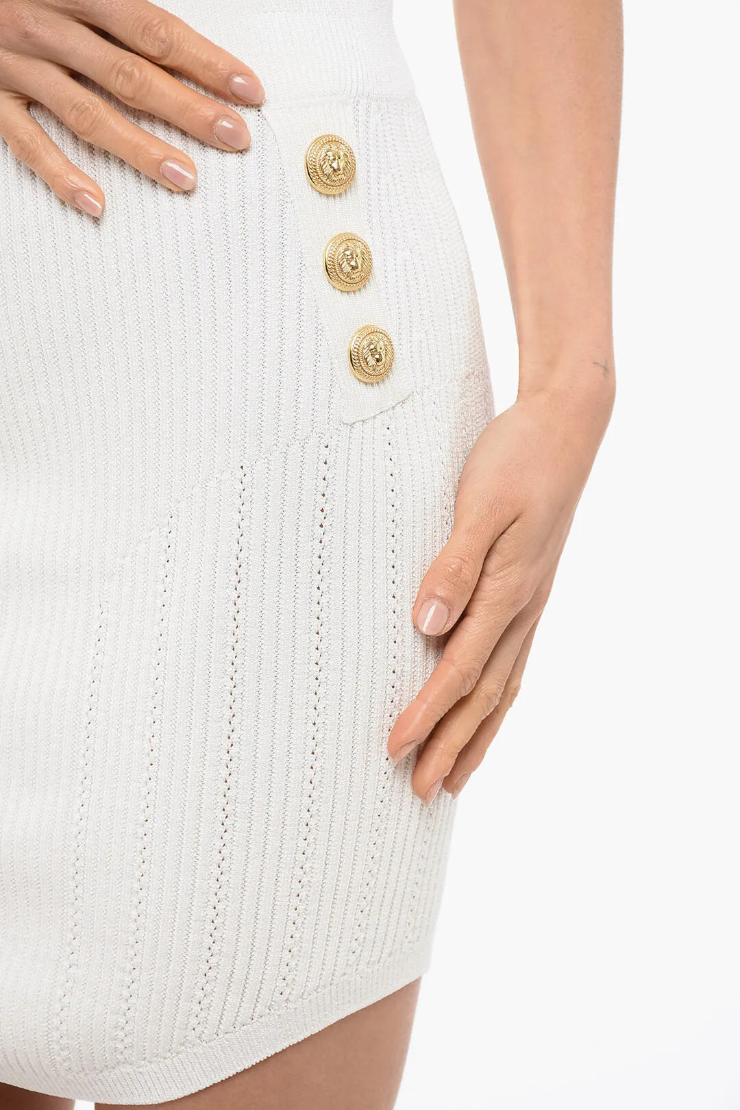 Balmain Knitted Miniskirt with Logoed Buttons