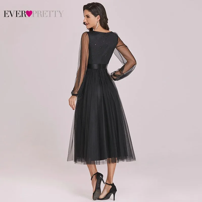 Black Evening Dresses Short Ever Pretty Elegant A Line V Neck Long