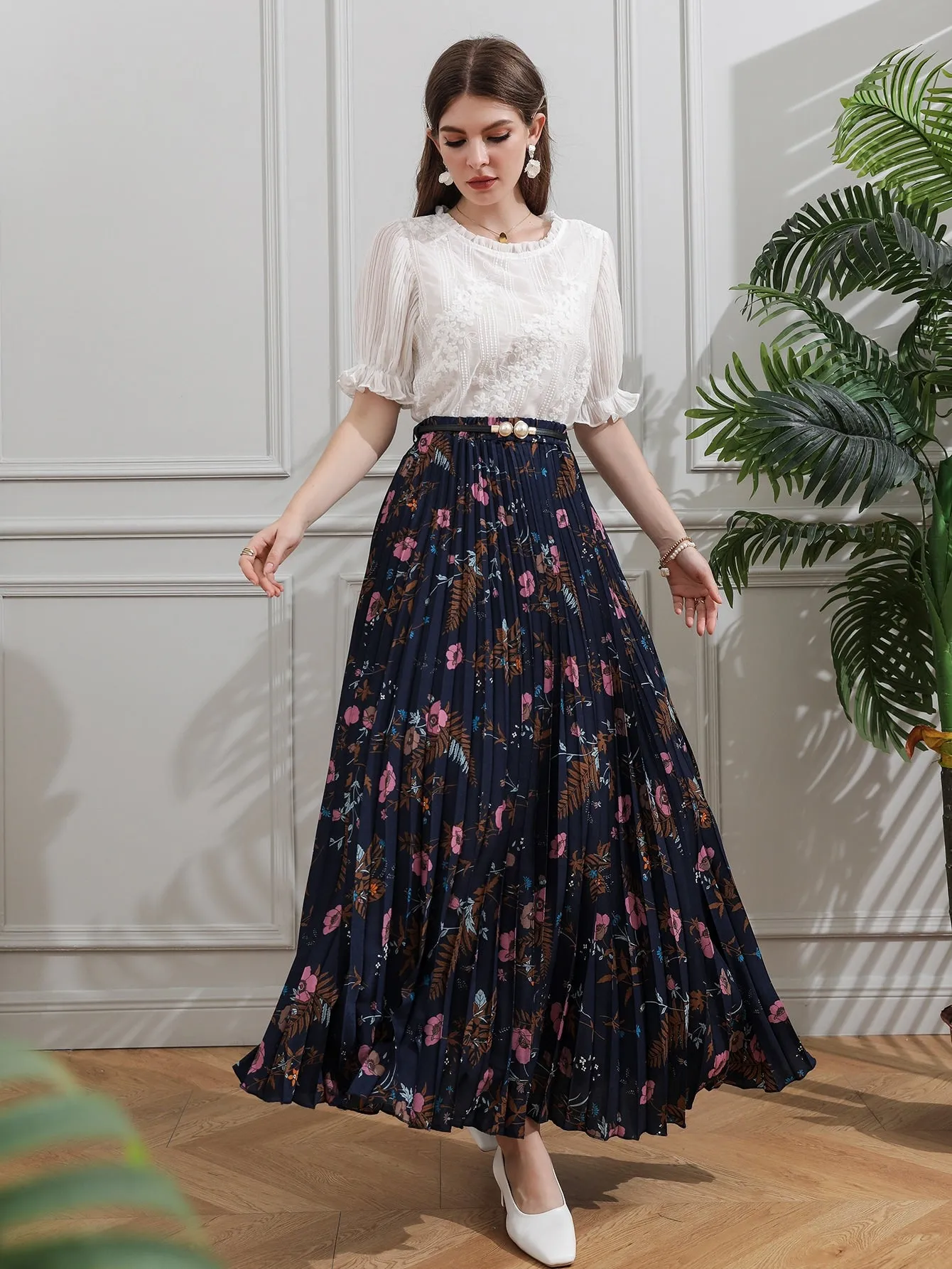 Boho All Over Print Belted High Waist Maxi Women Skirt