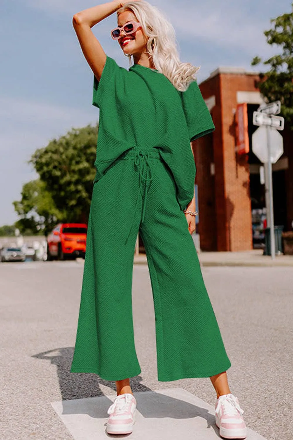 Curvy Comfy Cozy We Are Textured Top and Drawstring Pants Set