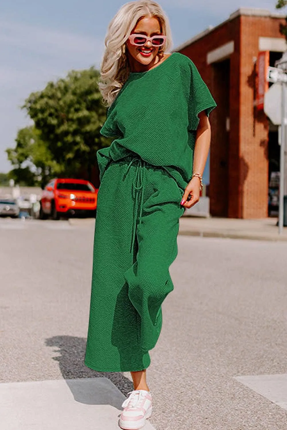 Curvy Comfy Cozy We Are Textured Top and Drawstring Pants Set