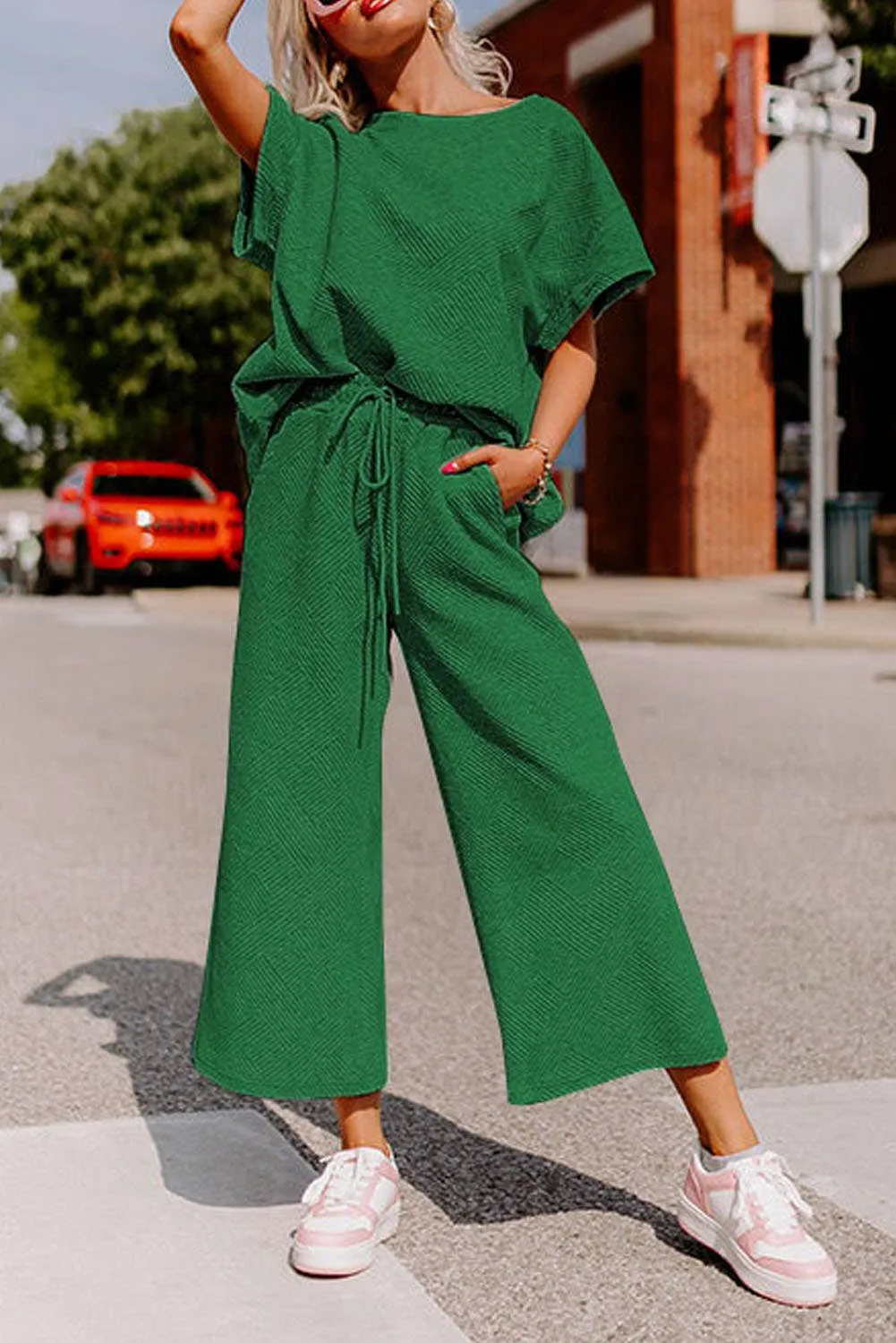 Curvy Comfy Cozy We Are Textured Top and Drawstring Pants Set