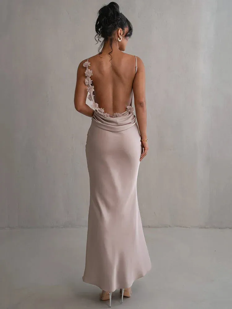 Draped Elegance Women's Cowl Neck Mermaid Dress with Backless Styling