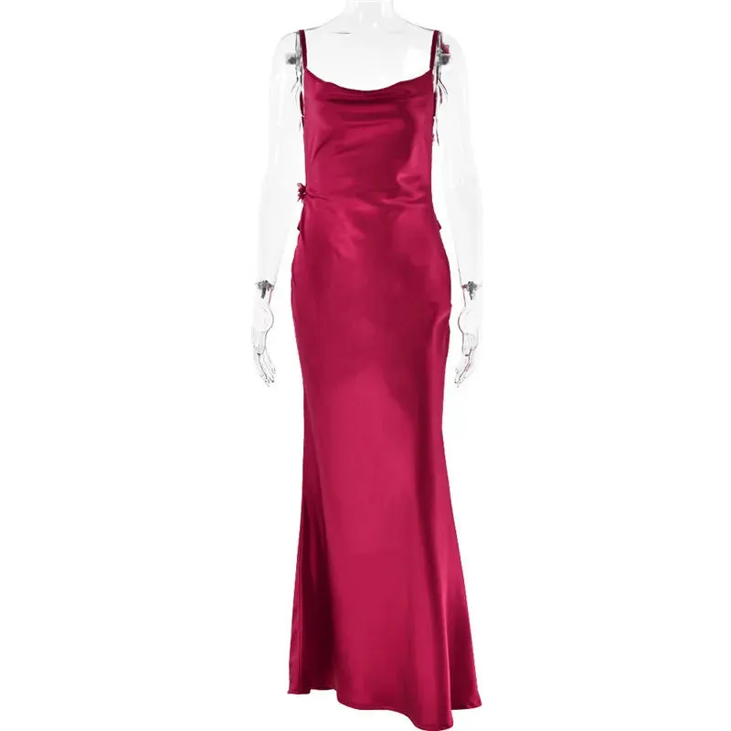 Draped Elegance Women's Cowl Neck Mermaid Dress with Backless Styling