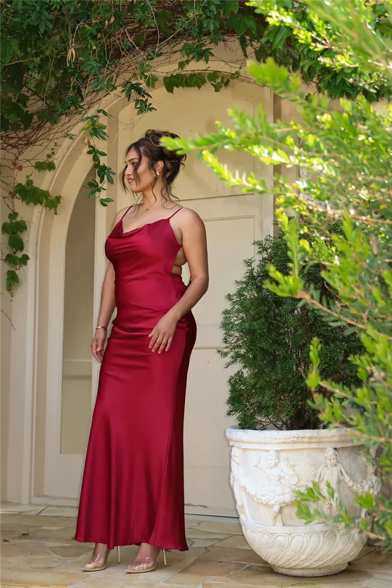 Draped Elegance Women's Cowl Neck Mermaid Dress with Backless Styling