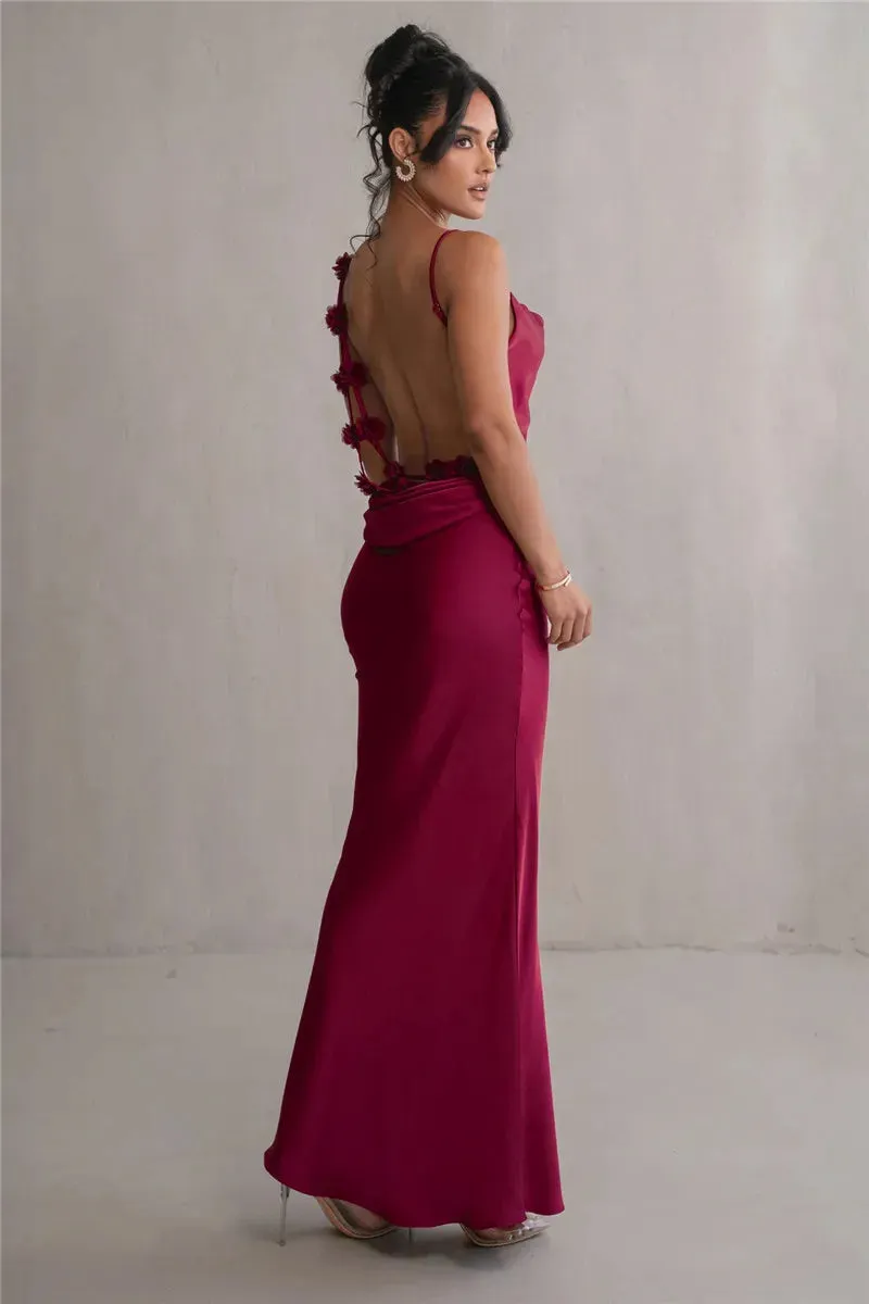 Draped Elegance Women's Cowl Neck Mermaid Dress with Backless Styling