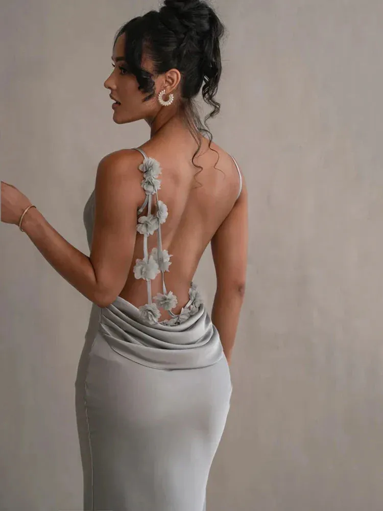 Draped Elegance Women's Cowl Neck Mermaid Dress with Backless Styling