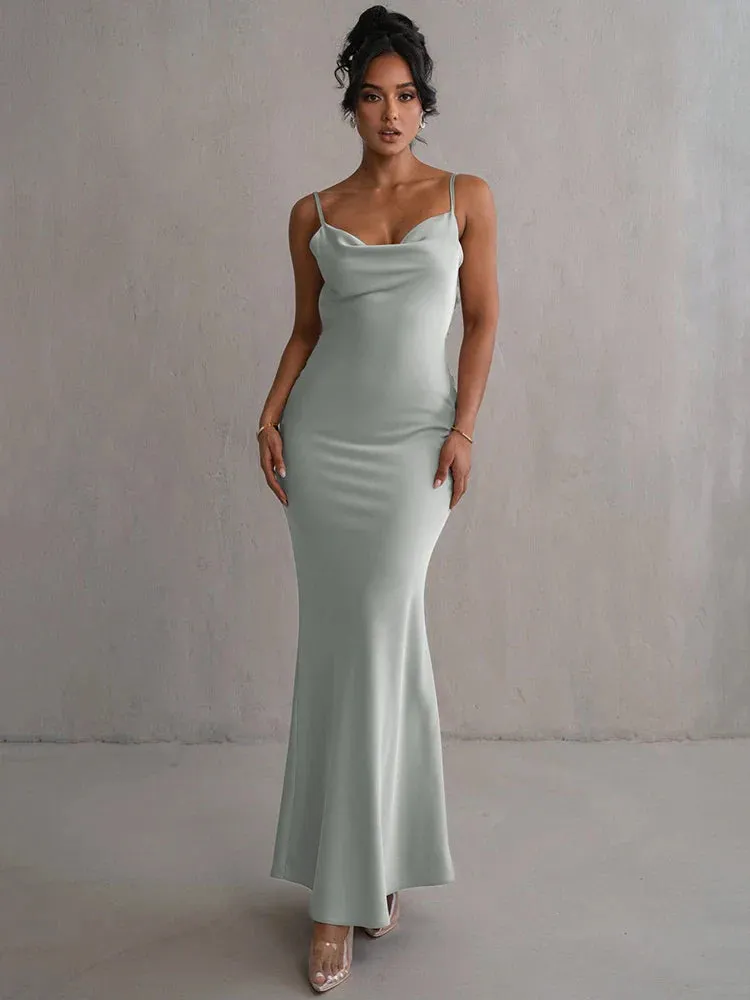 Draped Elegance Women's Cowl Neck Mermaid Dress with Backless Styling