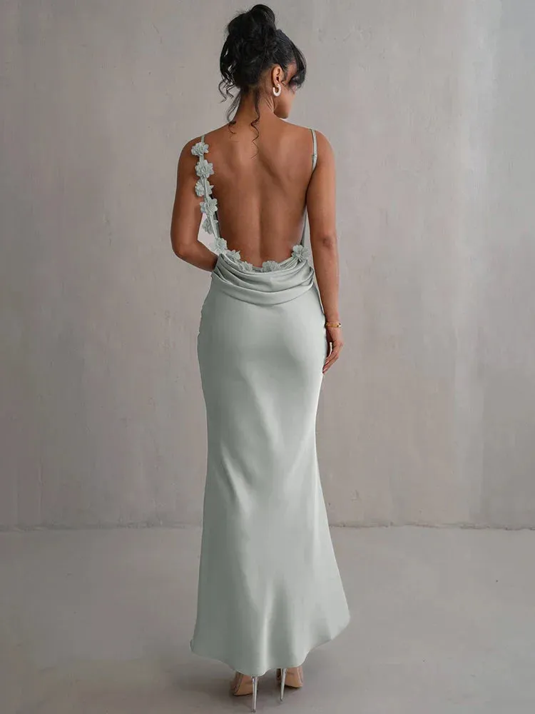 Draped Elegance Women's Cowl Neck Mermaid Dress with Backless Styling