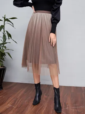 Elegant Ombre Contrast Mesh High Waist Midi Women Skirt
