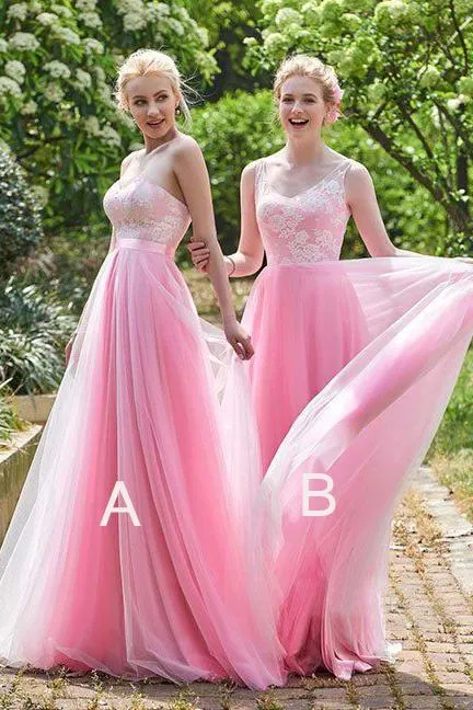 Elegant Pink Tulle A Line Long Bridesmaid Dress For Wedding PFB0034
