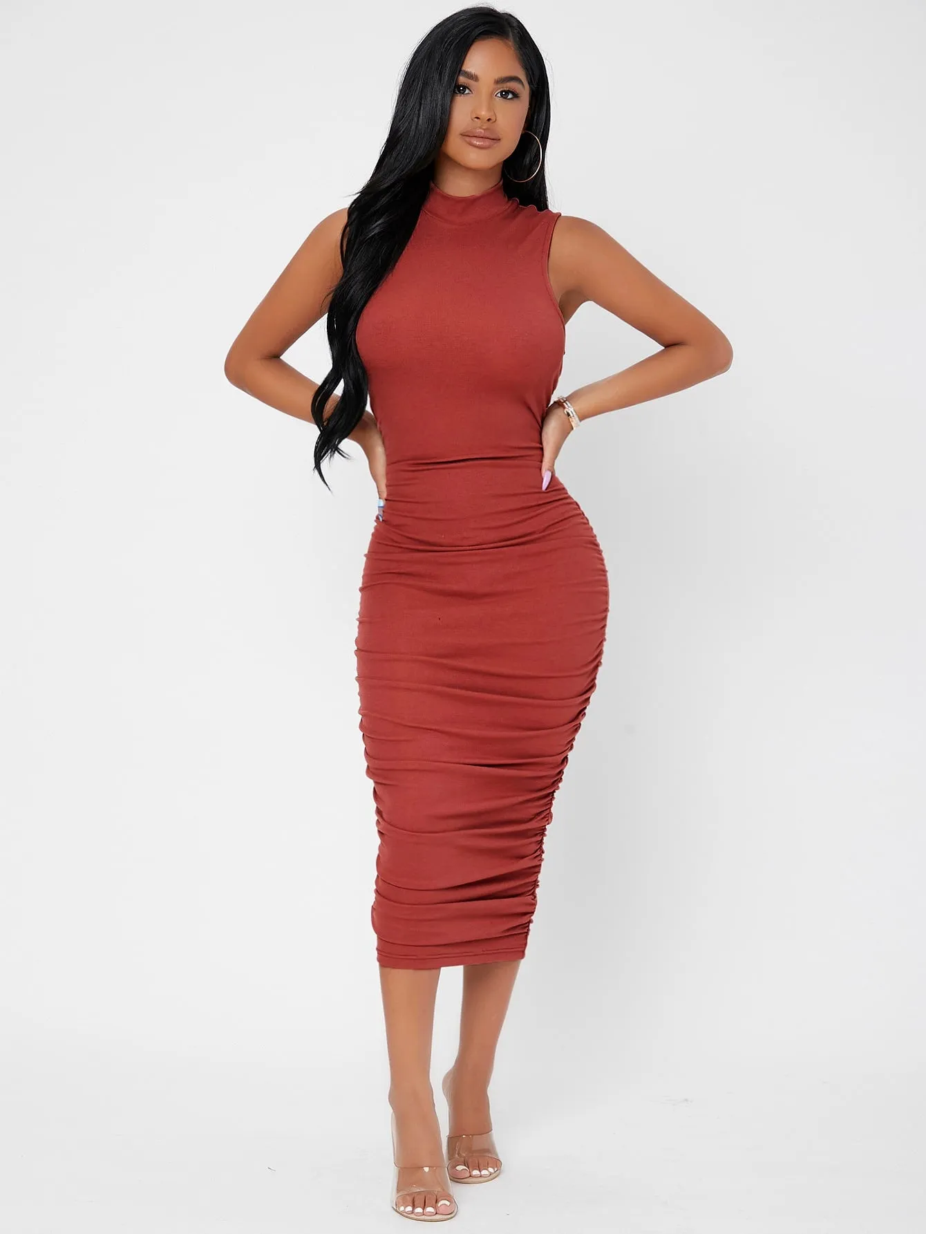 Elegant Plain Ruched Sleeveless Stand Collar Pencil Natural Long Dress