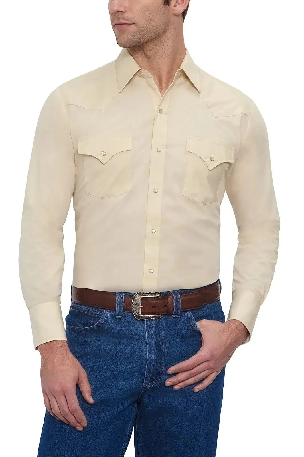 ELY Mens  Long Sleeve Solid Western Snap Solid Shirt