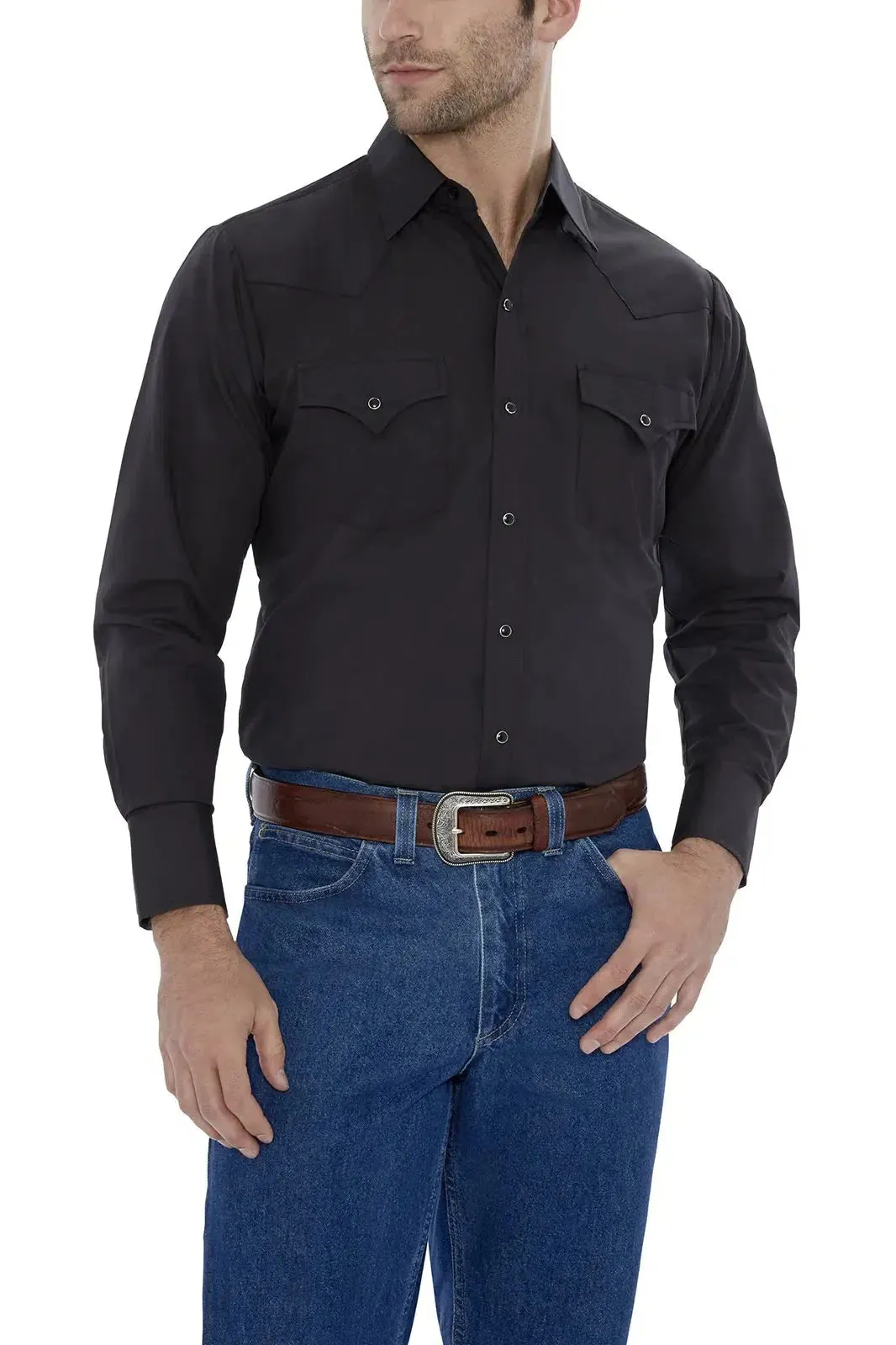 ELY Mens  Long Sleeve Solid Western Snap Solid Shirt