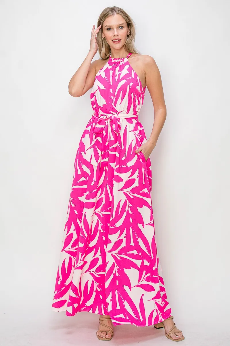 Fuchsia Leafy Halter Neck Tie Waist Maxi Dress