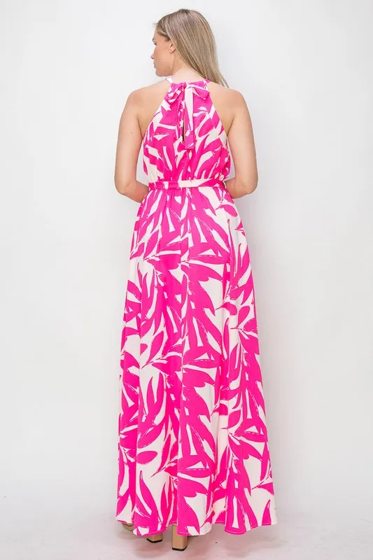 Fuchsia Leafy Halter Neck Tie Waist Maxi Dress