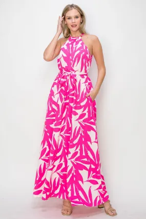 Fuchsia Leafy Halter Neck Tie Waist Maxi Dress