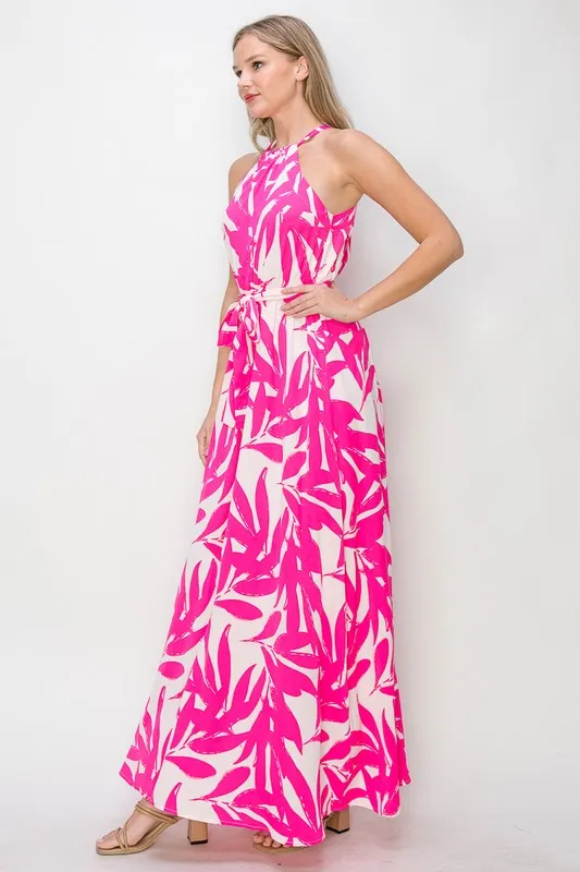 Fuchsia Leafy Halter Neck Tie Waist Maxi Dress
