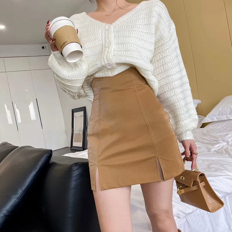 Joskaa Christmas Gift Skirts Women Mini Pencil Solid Side-split Slinky Slim Chic Korean Style Club Daily Sexy Retro Simple Design Abdomen Fashion Cute