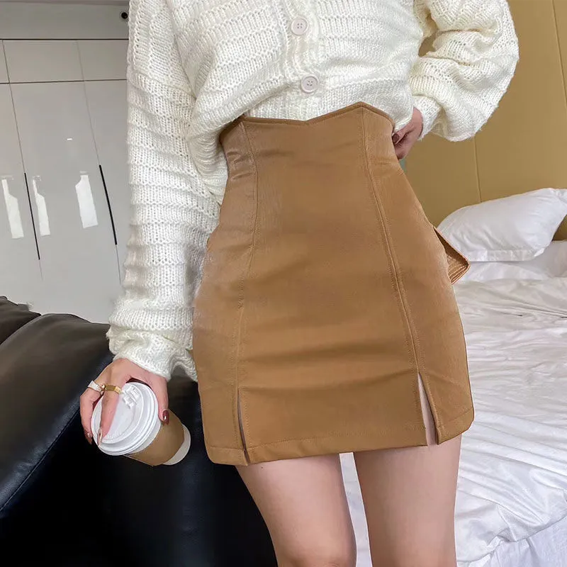 Joskaa Christmas Gift Skirts Women Mini Pencil Solid Side-split Slinky Slim Chic Korean Style Club Daily Sexy Retro Simple Design Abdomen Fashion Cute
