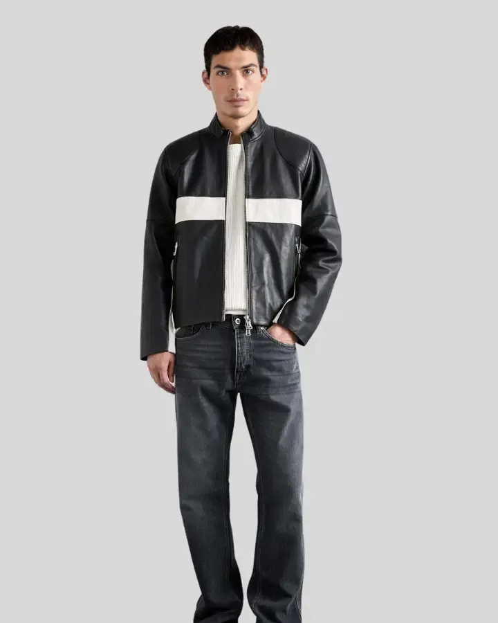 Luca Black & White Contrast Leather Racer Jacket
