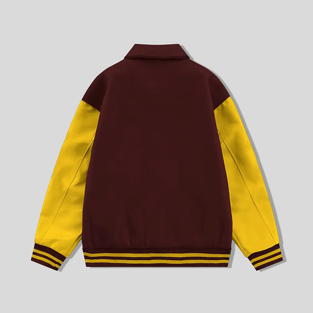 Maroon Byron Collar Wool & Leather Varsity Jacket with Gold Sleeves - Jack N Hoods