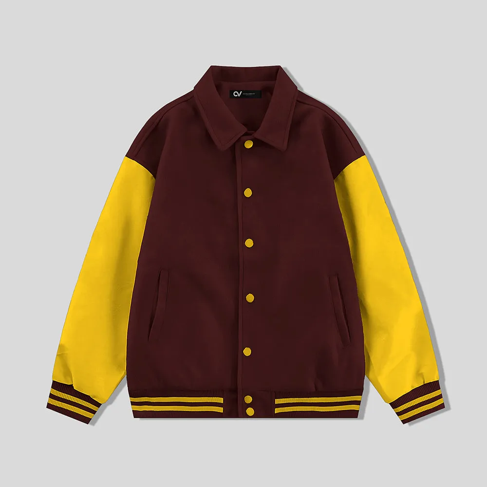 Maroon Byron Collar Wool & Leather Varsity Jacket with Gold Sleeves - Jack N Hoods