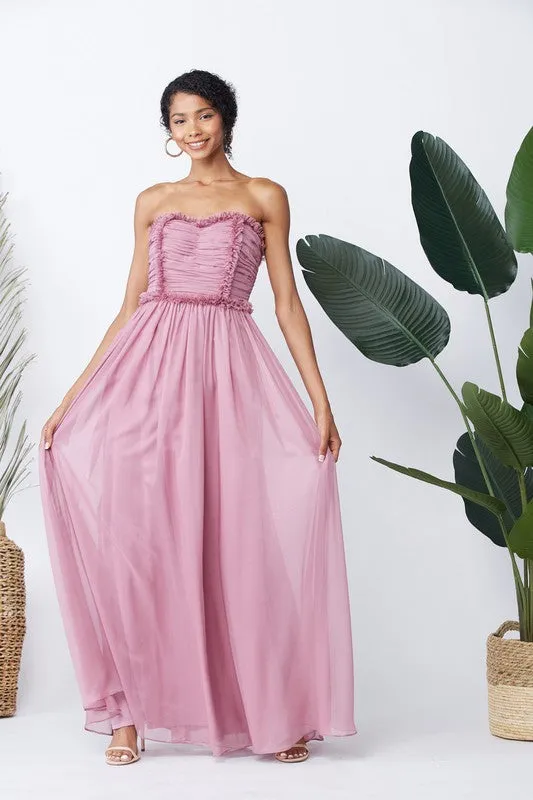 Mauve Bride-maid Ruched Bodice Drape Maxi-dress Gown
