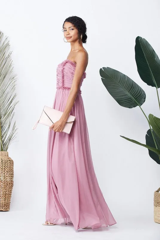 Mauve Bride-maid Ruched Bodice Drape Maxi-dress Gown