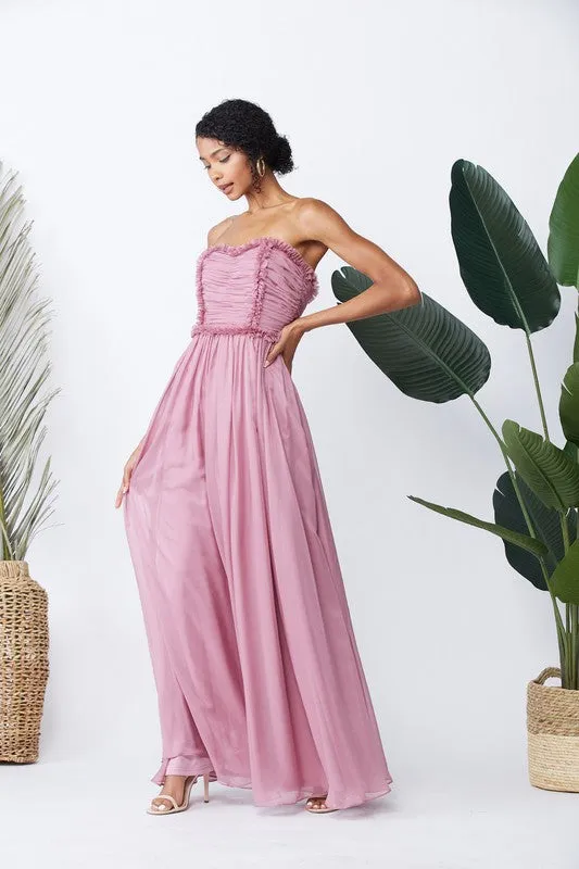 Mauve Bride-maid Ruched Bodice Drape Maxi-dress Gown