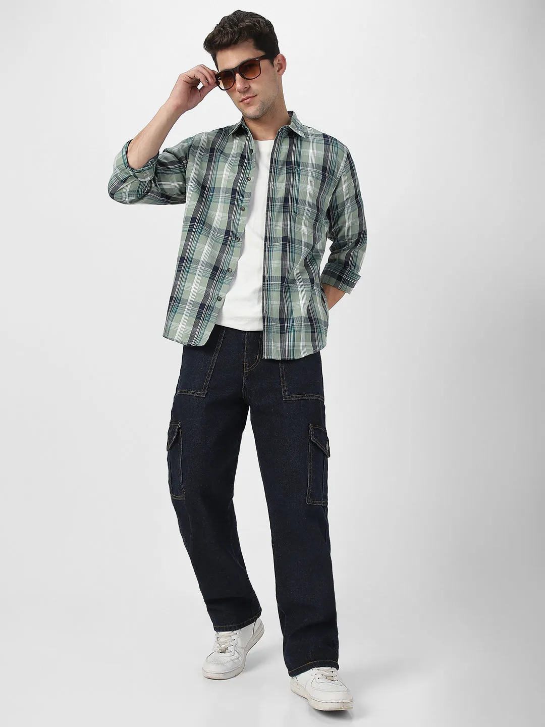 Men's Green Cotton Full Sleeve Regular Fit Casual Checkered Shirt