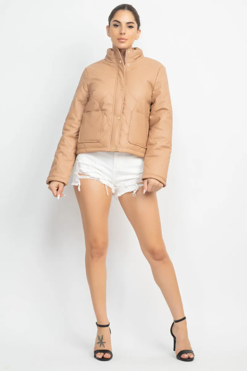 Mock Neck Quilted Jacket in Cream for women