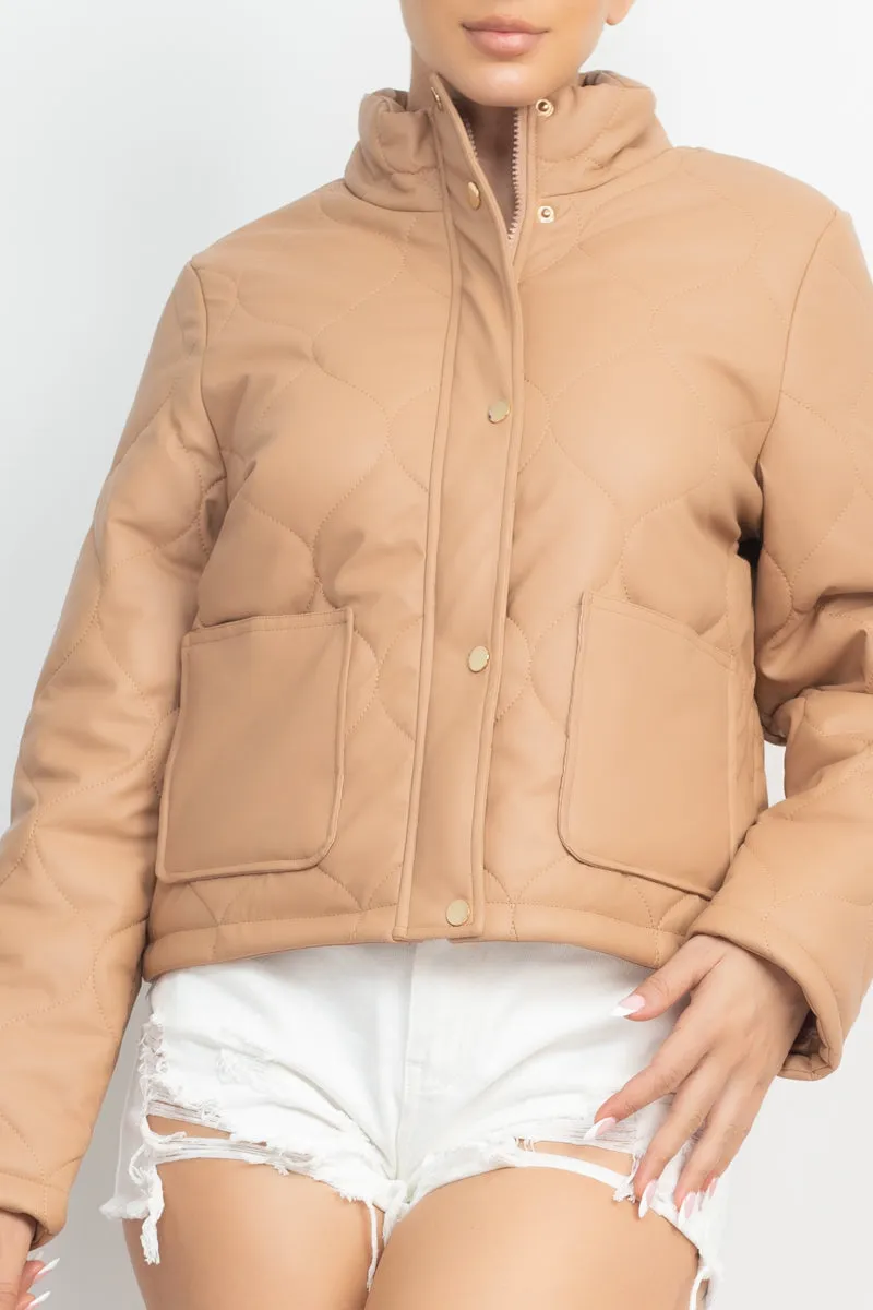 Mock Neck Quilted Jacket in Cream for women