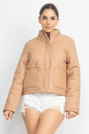 Mock Neck Quilted Jacket in Cream for women
