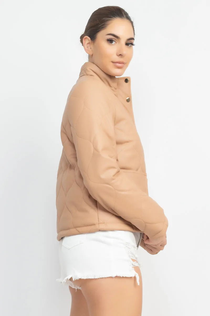 Mock Neck Quilted Jacket in Cream for women