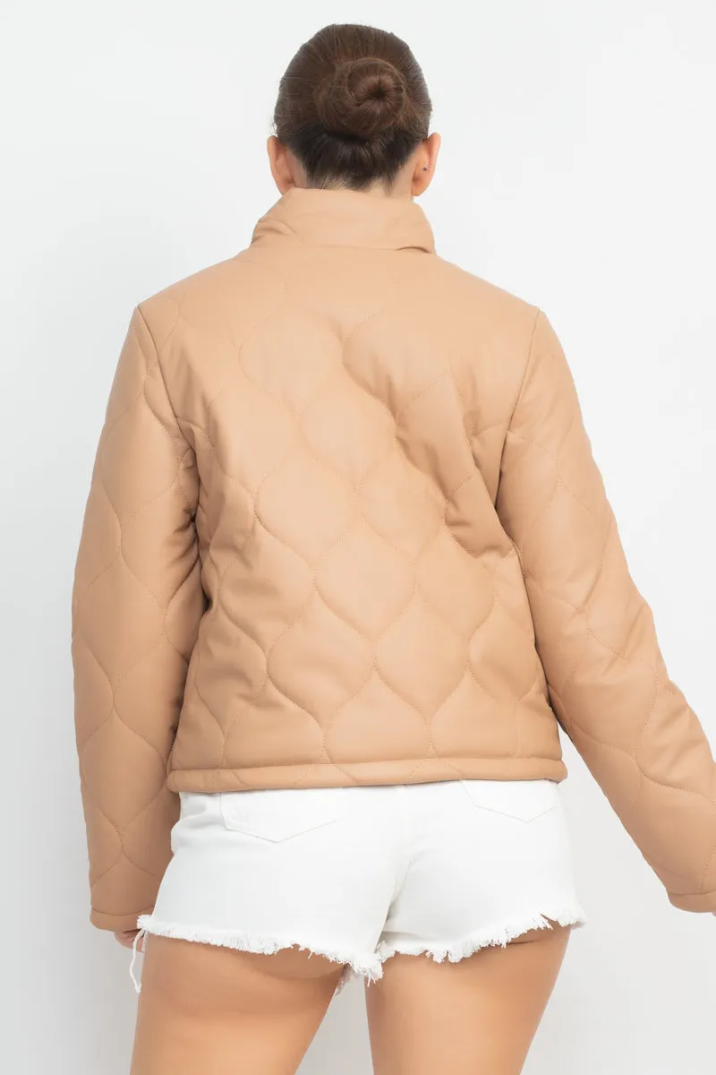 Mock Neck Quilted Jacket in Cream for women