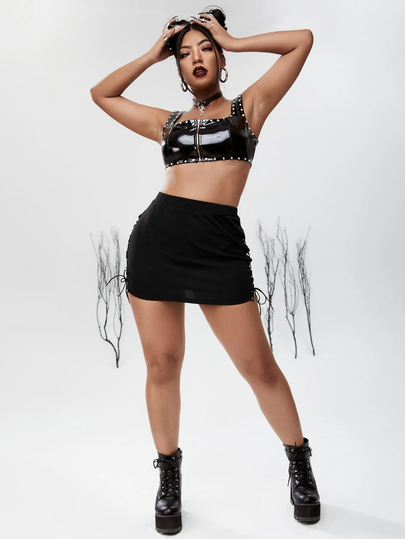 Plain Lace Up Mini Plus Size Skirt