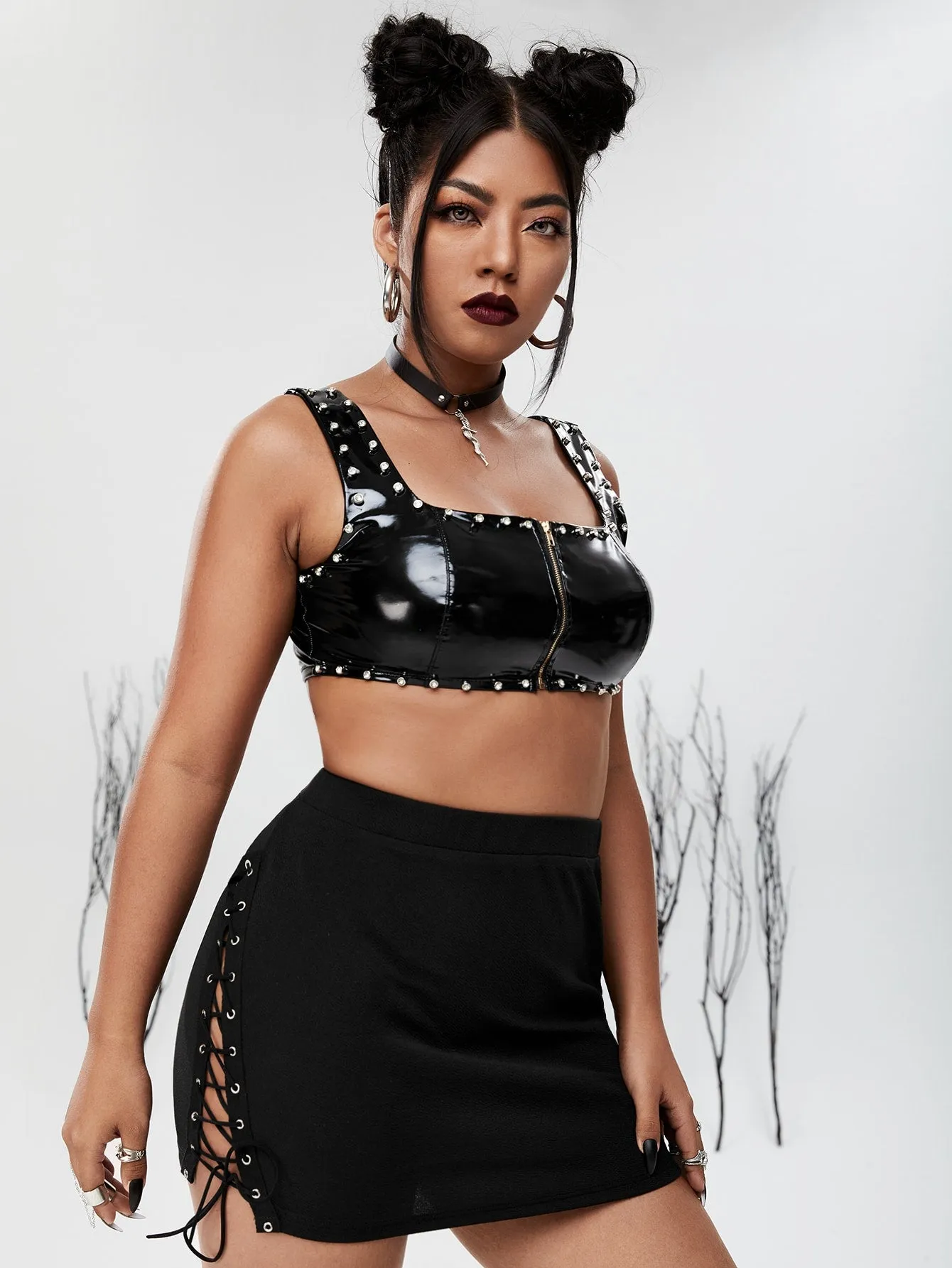 Plain Lace Up Mini Plus Size Skirt