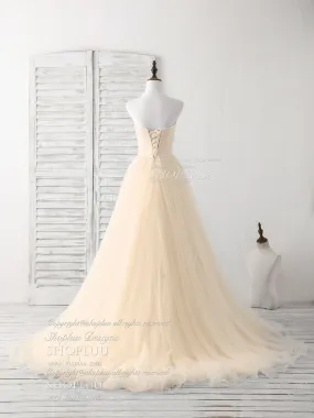 Simple Sweetheart Champagne Tulle Long Prom Dresses Champagne Evening Dresses