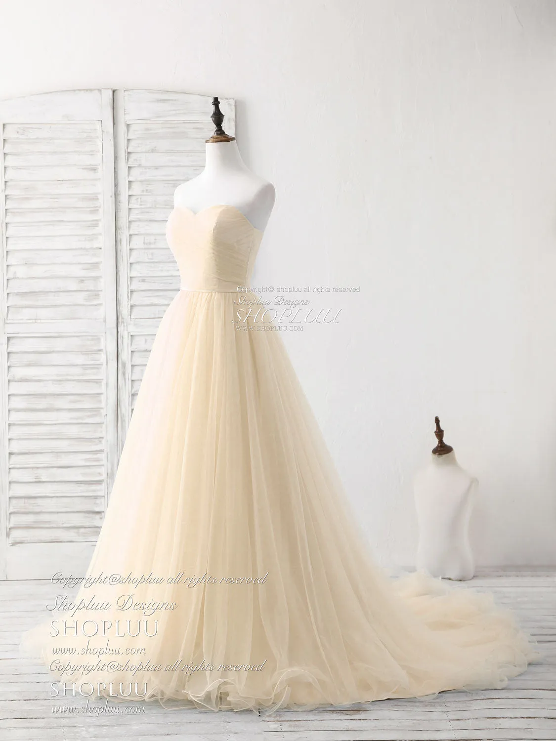 Simple Sweetheart Champagne Tulle Long Prom Dresses Champagne Evening Dresses