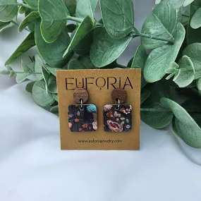 Small Square Cork Over Leather Earrings - Vintage Floral & Mushrooms