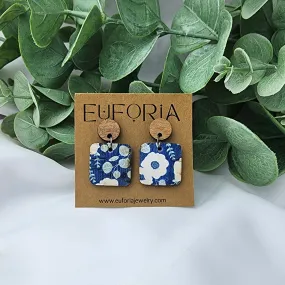 Small Square Cork Over Leather Earrings - White Over Blue Floral