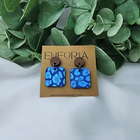 Small Square Leather Earrings - Blue Metallic Leopard