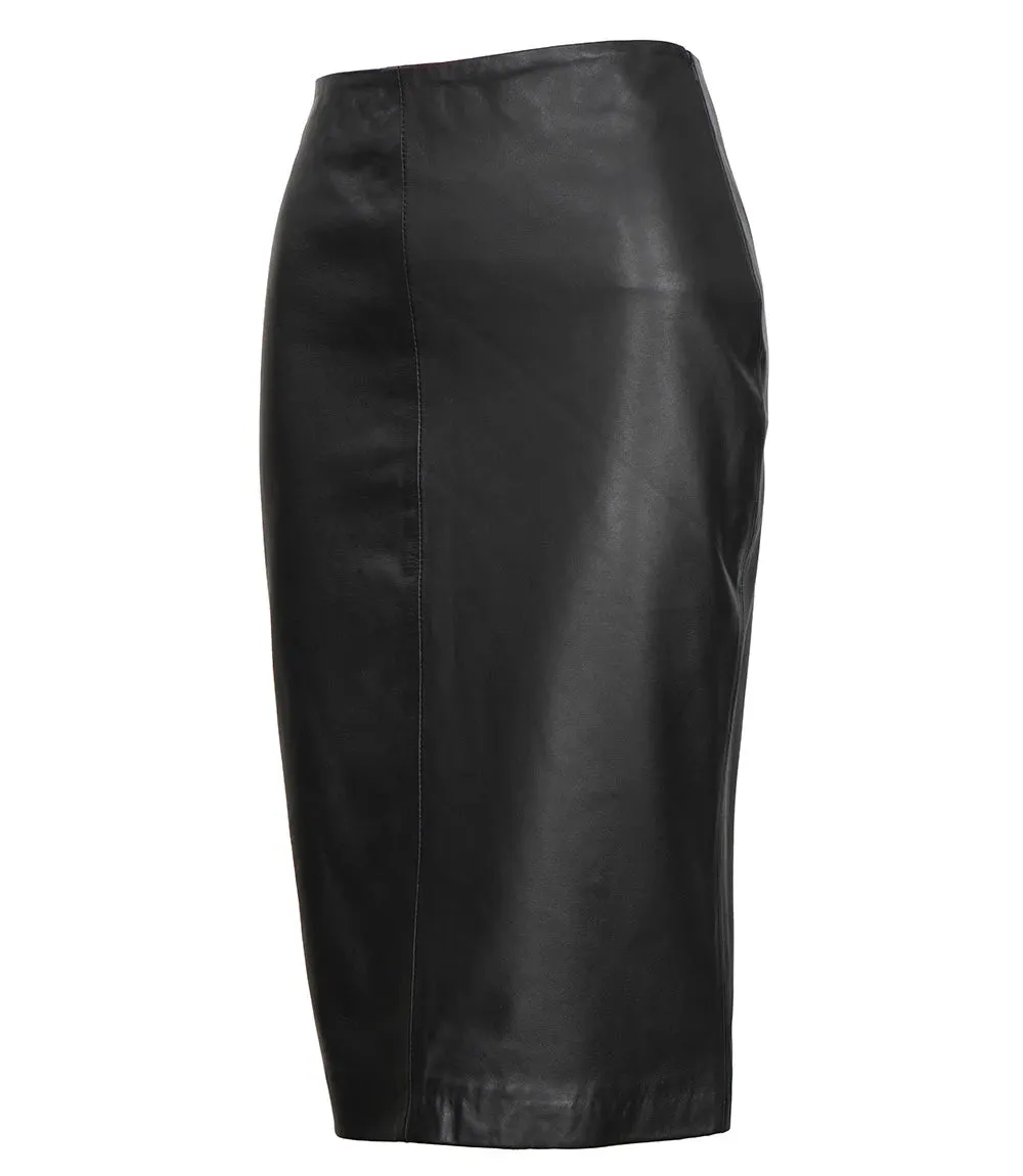 Women's Black Midi Leather Pencil Skirt with Back Slit