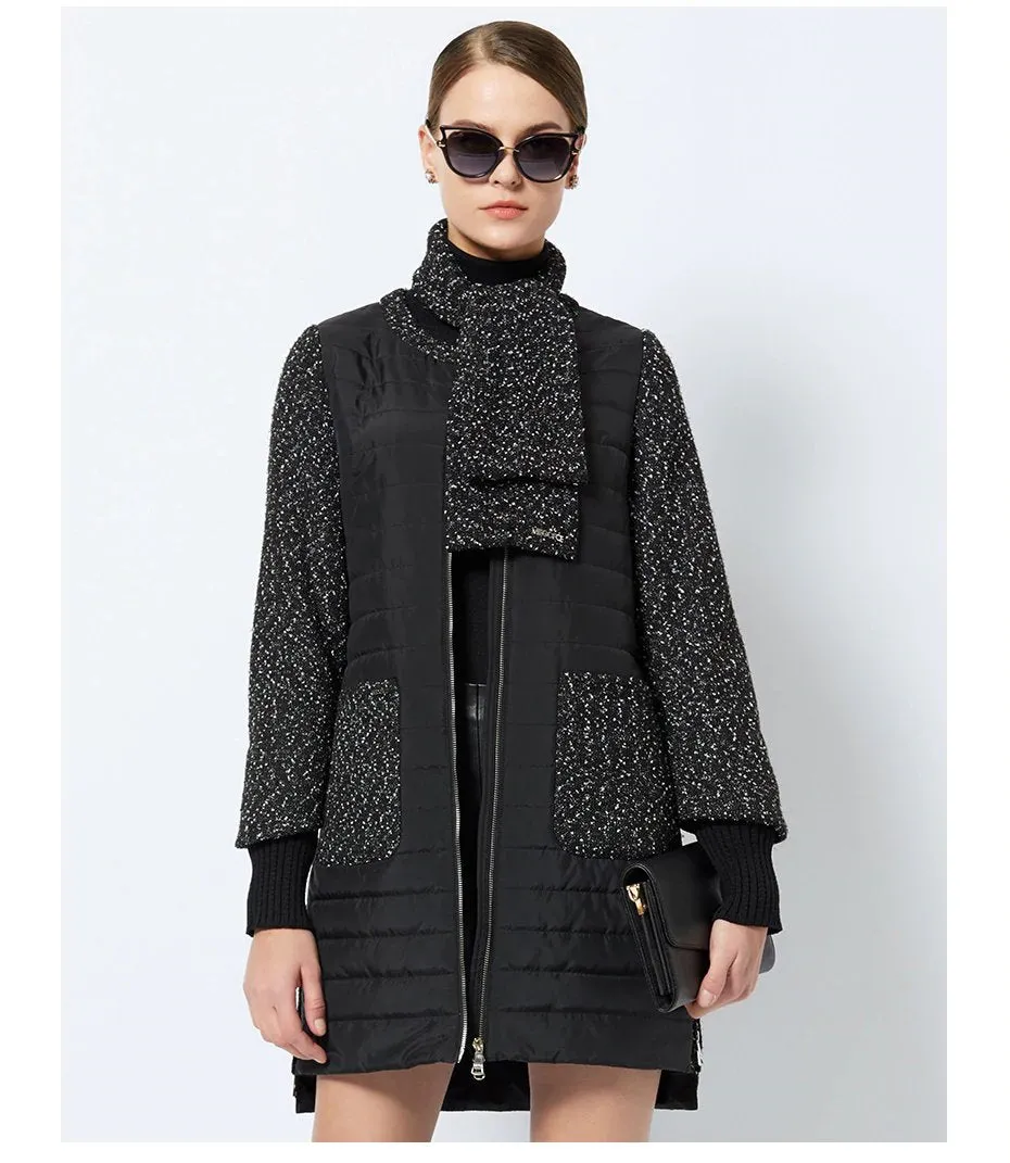 Women's Spring Stylish Warm Round Collar Jacket With Scarf
