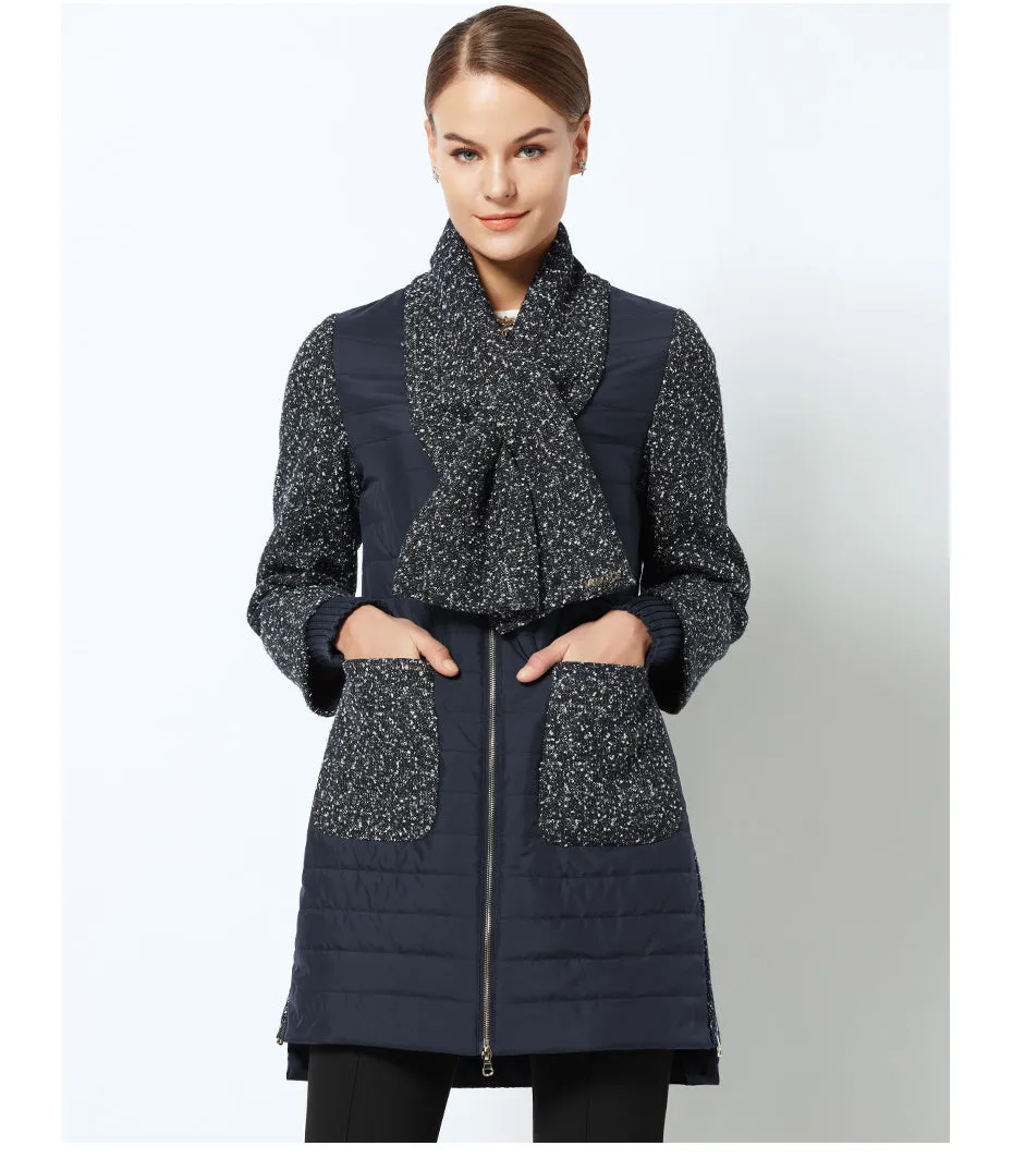 Women's Spring Stylish Warm Round Collar Jacket With Scarf